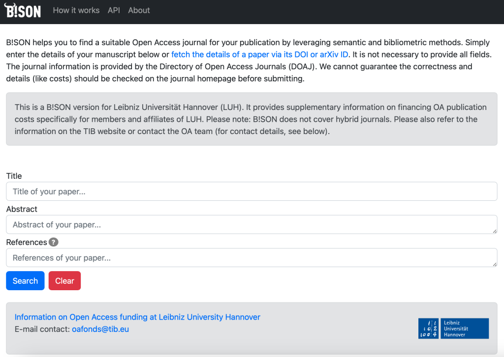 Screenshot of a localised version of B!SON, Open Access jounal recommender