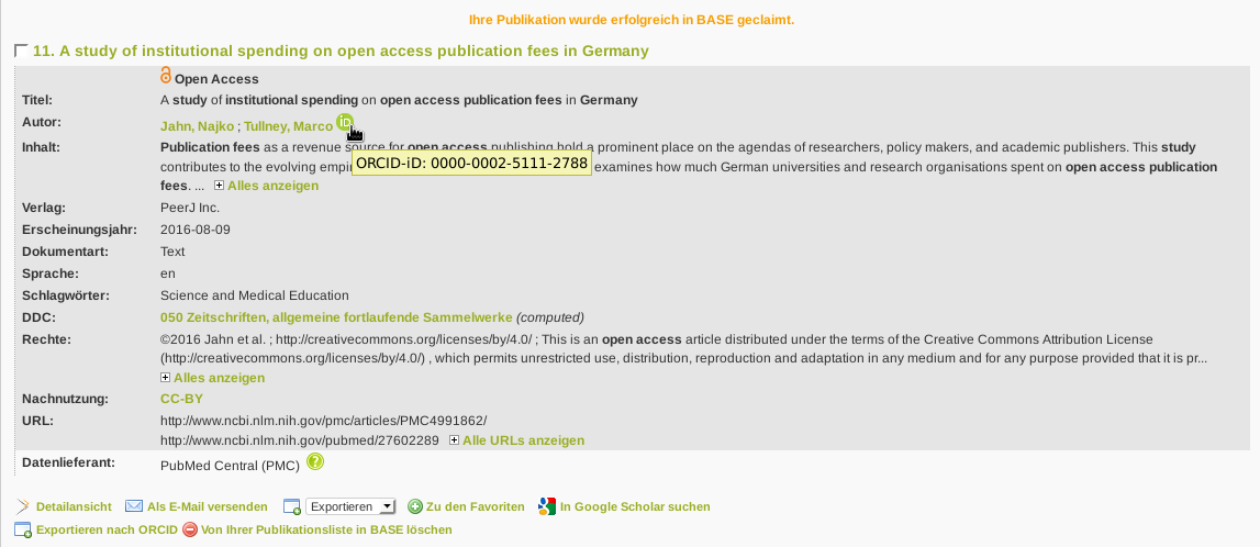 The contributor’s details now contain an ORCID symbol and a link to the author’s ORCID profile.
